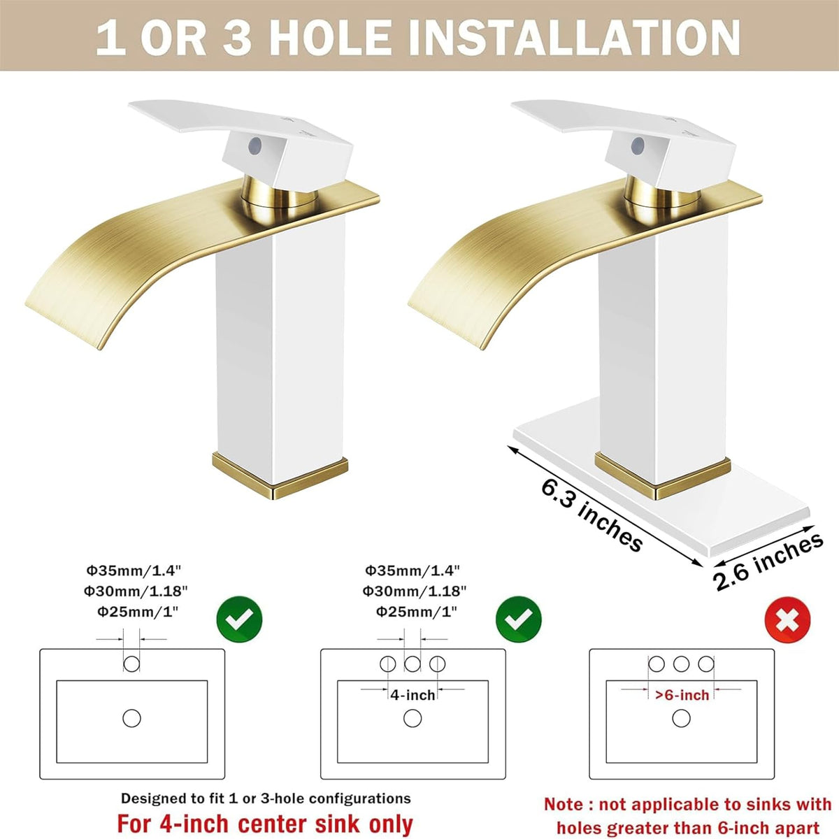 Qomolangma Waterfall Bathroom Faucet, White and Gold Modern Single Handle Bathroom Faucets for 1 or 3 Hole Bathroom Sink Faucet Mixer Tap Washbasin Faucet with Deck, Pop-up Drain and Supply Hoses