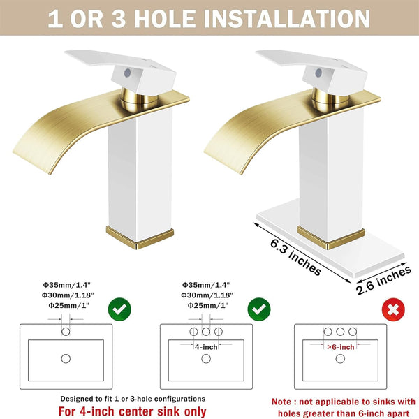 Qomolangma Waterfall Bathroom Faucet, White and Gold Modern Single Handle Bathroom Faucets for 1 or 3 Hole Bathroom Sink Faucet Mixer Tap Washbasin Faucet with Deck, Pop-up Drain and Supply Hoses