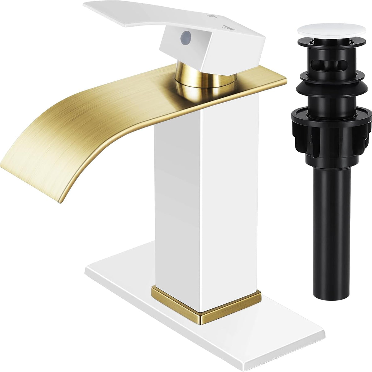 Qomolangma Waterfall Bathroom Faucet, White and Gold Modern Single Handle Bathroom Faucets for 1 or 3 Hole Bathroom Sink Faucet Mixer Tap Washbasin Faucet with Deck, Pop-up Drain and Supply Hoses