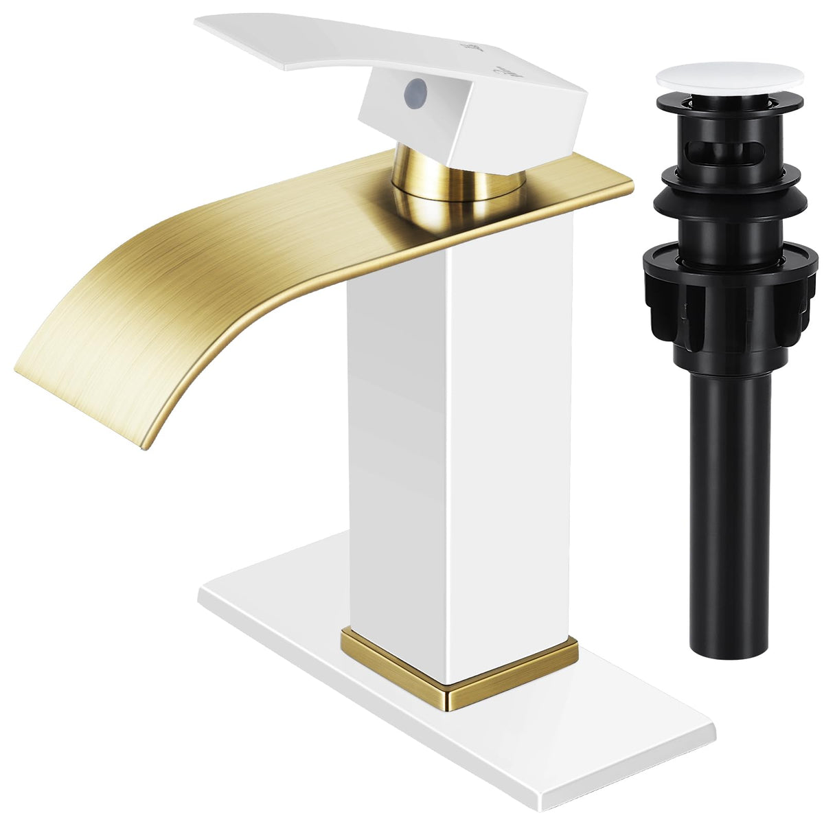 Qomolangma Waterfall Bathroom Faucet, White and Gold Modern Single Handle Bathroom Faucets for 1 or 3 Hole Bathroom Sink Faucet Mixer Tap Washbasin Faucet with Deck, Pop-up Drain and Supply Hoses