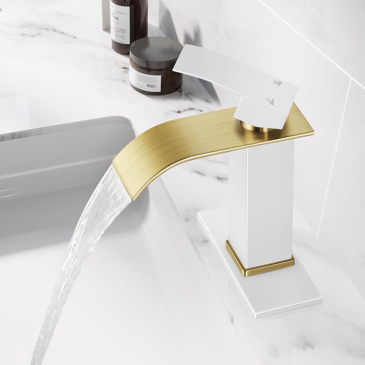 Qomolangma Waterfall Bathroom Faucet, White and Gold Modern Single Handle Bathroom Faucets for 1 or 3 Hole Bathroom Sink Faucet Mixer Tap Washbasin Faucet with Deck, Pop-up Drain and Supply Hoses