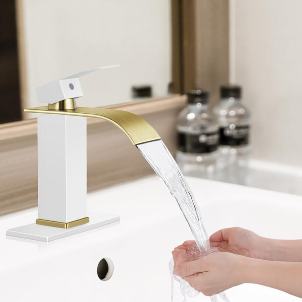 Qomolangma Waterfall Bathroom Faucet, White and Gold Modern Single Handle Bathroom Faucets for 1 or 3 Hole Bathroom Sink Faucet Mixer Tap Washbasin Faucet with Deck, Pop-up Drain and Supply Hoses