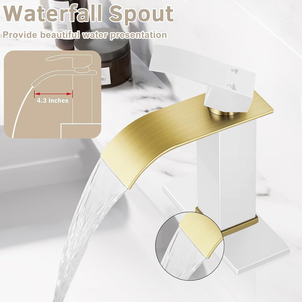 Qomolangma Waterfall Bathroom Faucet, White and Gold Modern Single Handle Bathroom Faucets for 1 or 3 Hole Bathroom Sink Faucet Mixer Tap Washbasin Faucet with Deck, Pop-up Drain and Supply Hoses