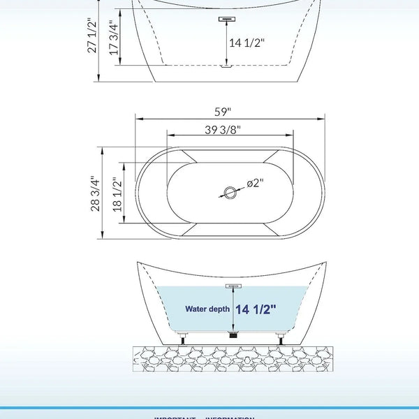 59"Freestanding White Acylic Soaking Bathtub with Brushed Overflow Easy clean