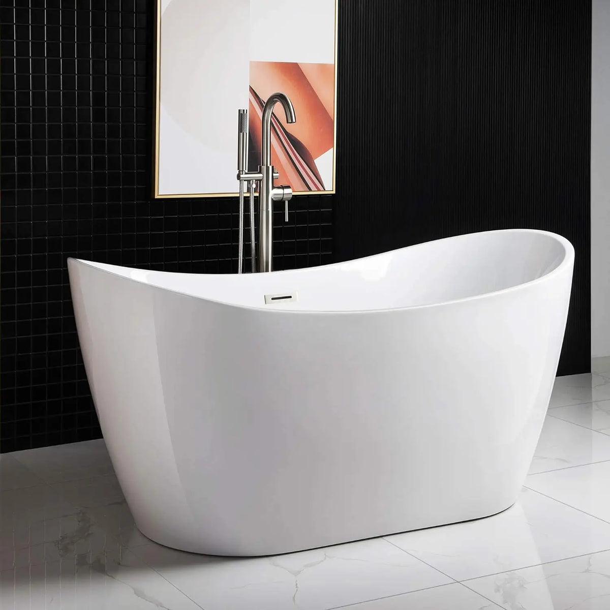 59"Freestanding White Acylic Soaking Bathtub with Brushed Overflow Easy clean