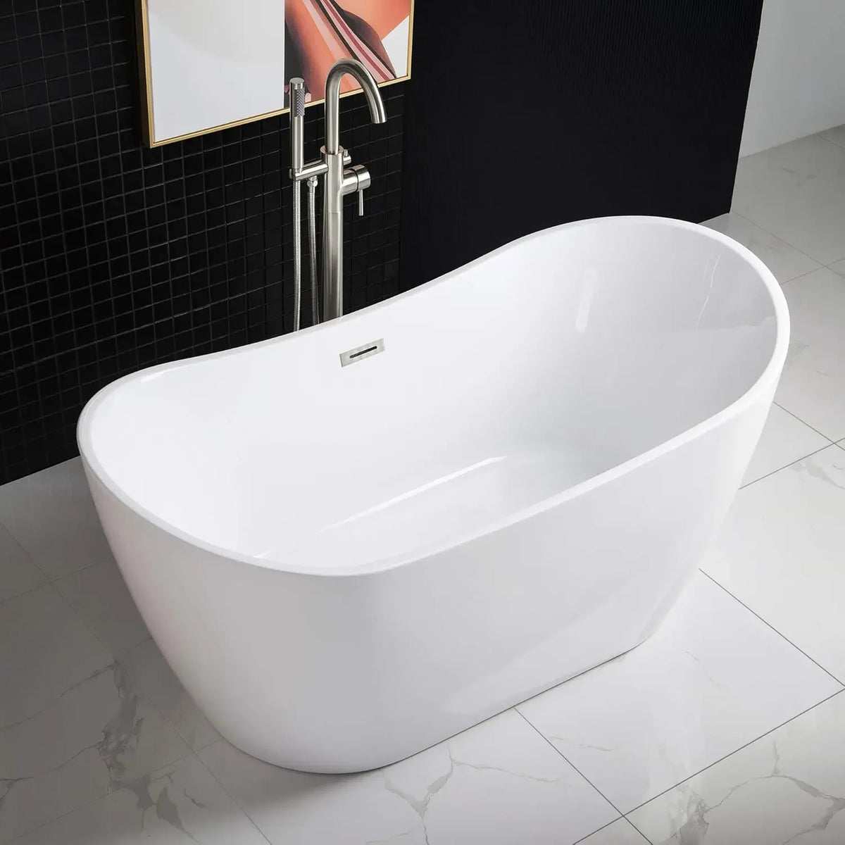 59"Freestanding White Acylic Soaking Bathtub with Brushed Overflow Easy clean