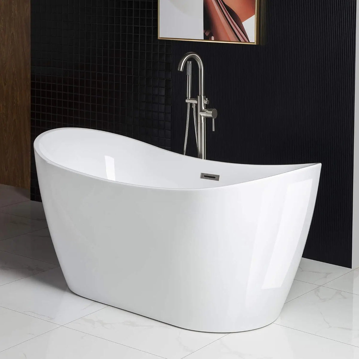 59"Freestanding White Acylic Soaking Bathtub with Brushed Overflow Easy clean