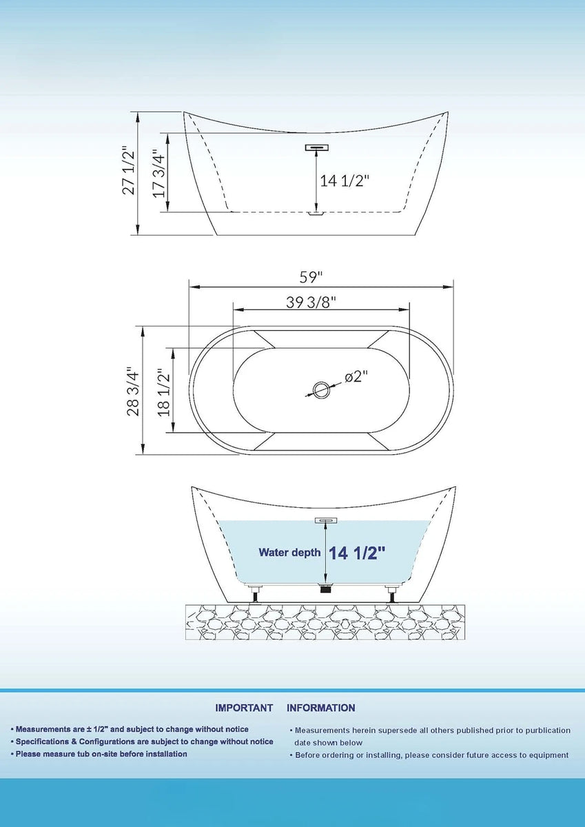 59"Freestanding White Acylic Soaking Bathtub with Brushed Overflow Easy clean